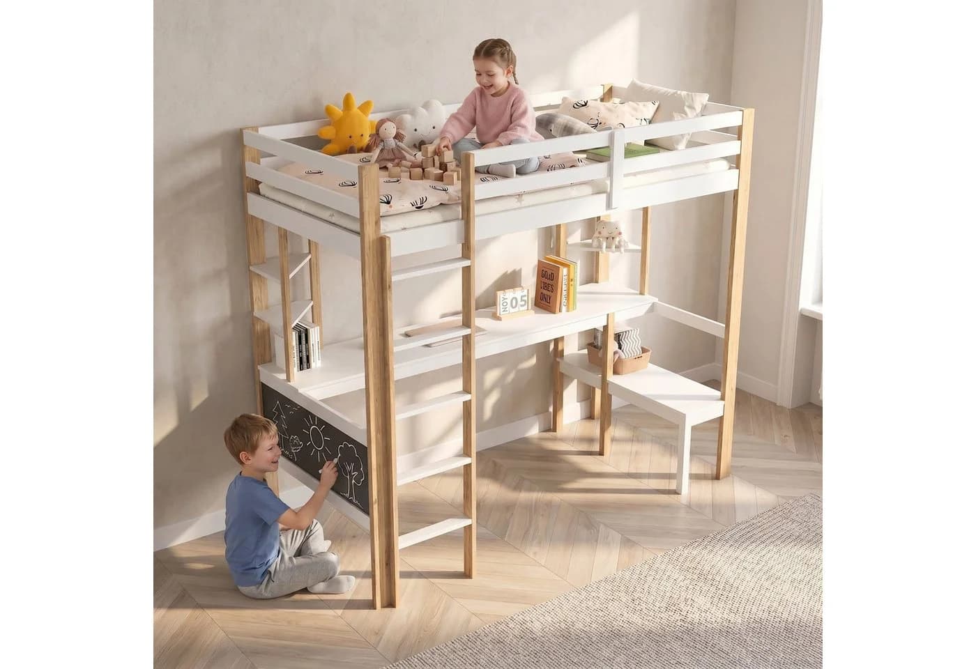 PXloue Hochbett 90x200 cm Weiß mit Stauraum-Treppe - Bild 4