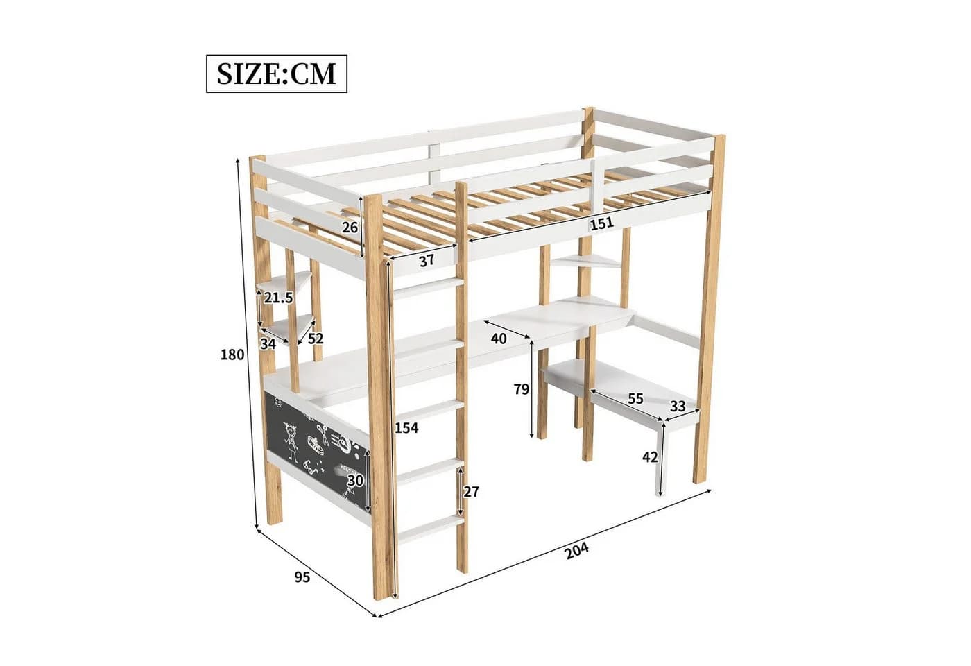 PXloue Hochbett 90x200 cm Weiß mit Stauraum-Treppe - Bild 5