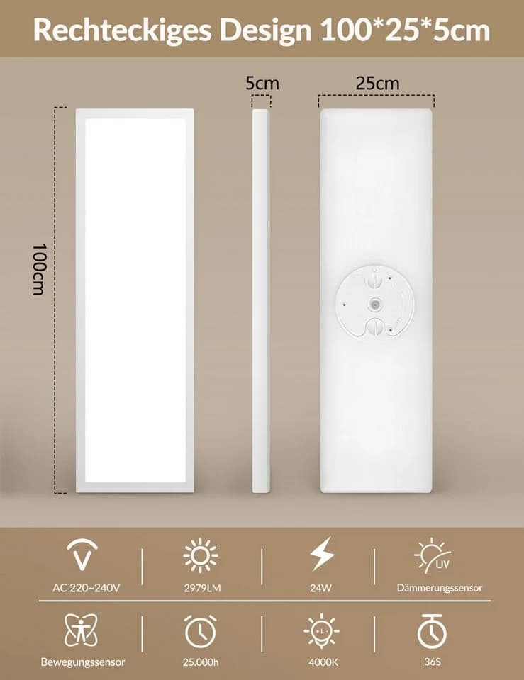 ZMH LED Deckenleuchte 100 cm mit Bewegungssensor Weiß