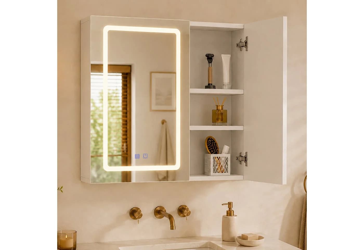 PXloue Badezimmerspiegelschrank mit LED-Beleuchtung & Touchschalter