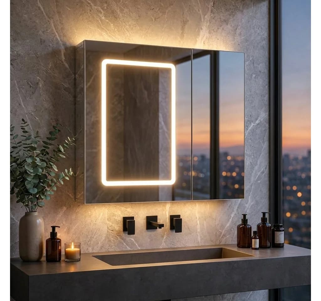 PXloue Badezimmerspiegelschrank mit LED-Beleuchtung & Touchschalter - Bild 2