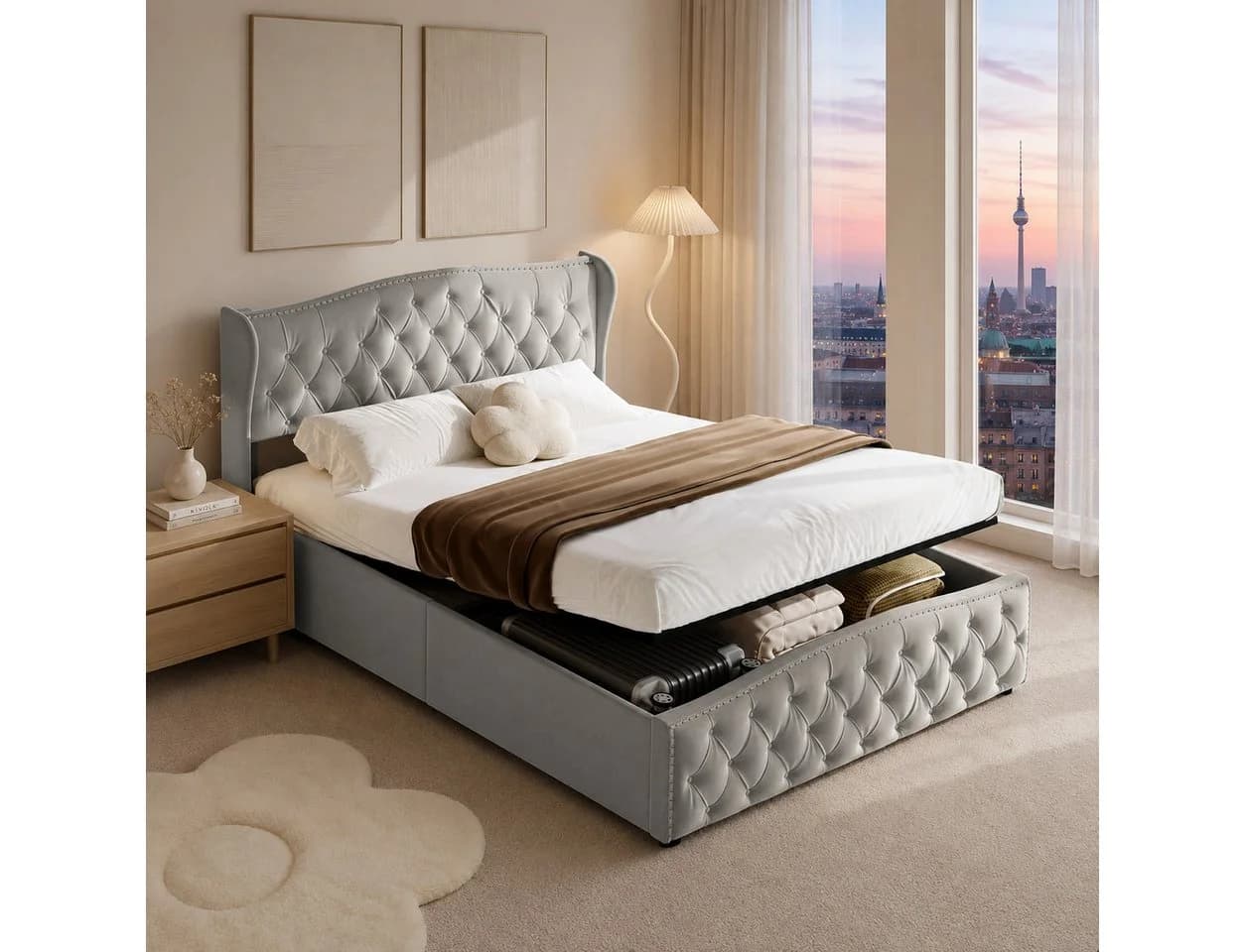 Simurq Polsterbett Chesterfield Grau Leinen Bettkasten - Bild 2