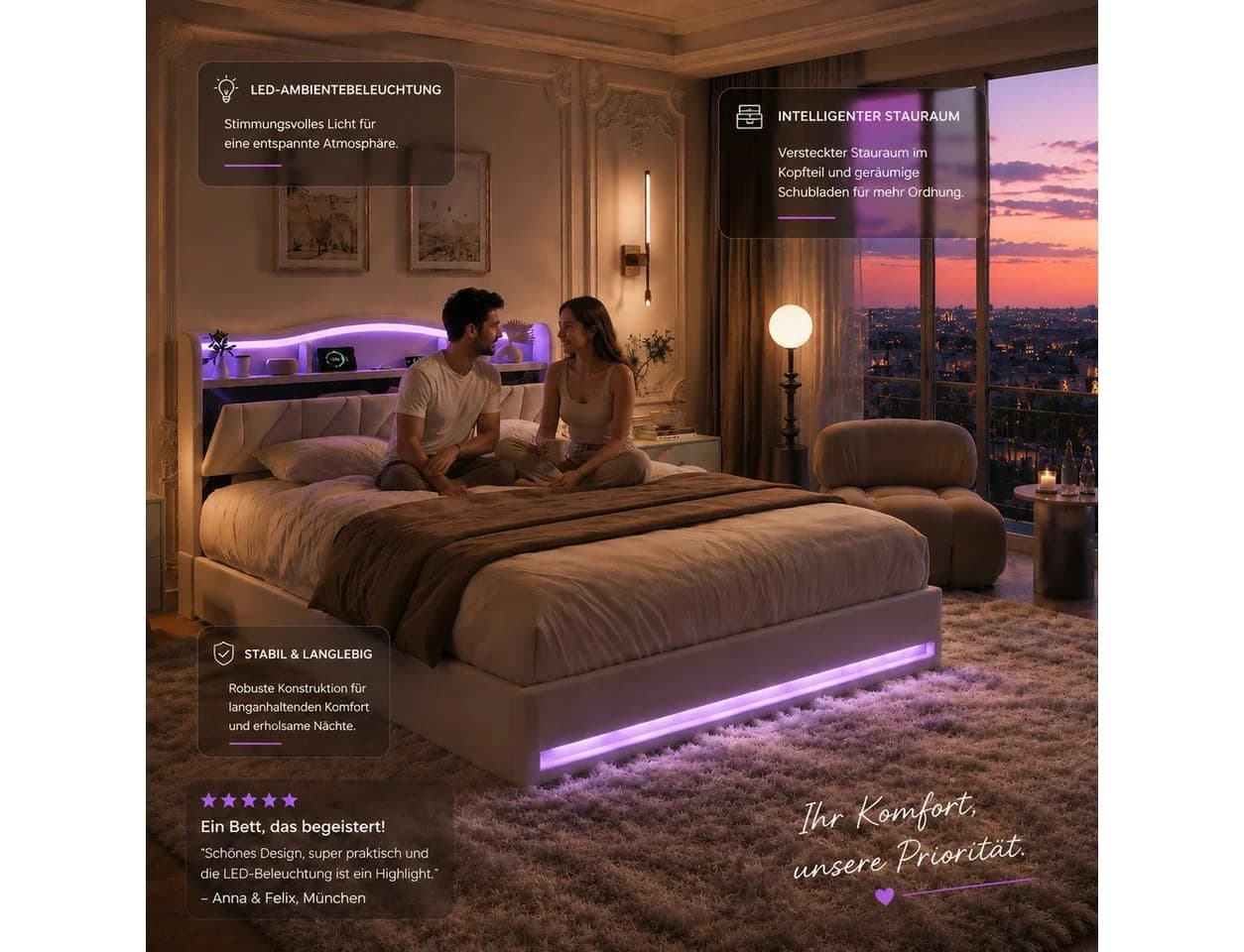 Simurq Polsterbett 160x200cm LED USB Stauraum Samt Grau Beige