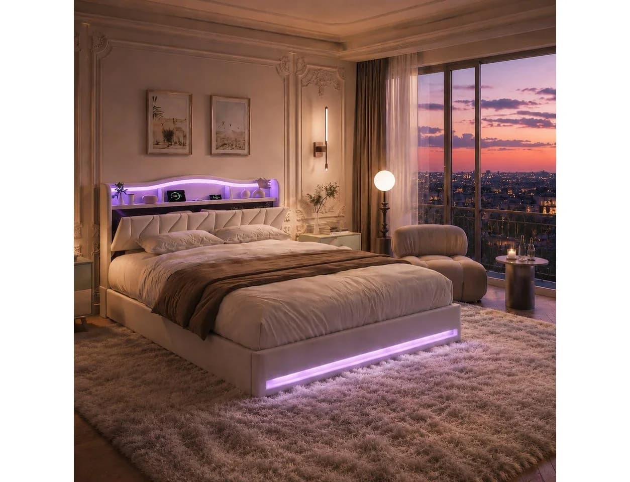 Simurq Polsterbett 160x200cm LED USB Stauraum Samt Grau Beige - Bild 2