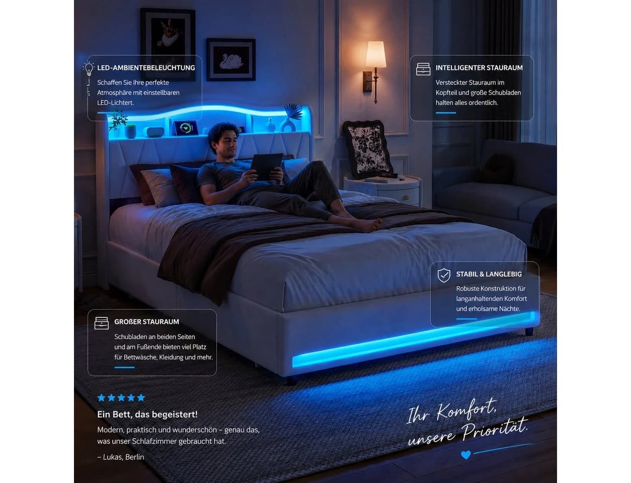 Simurq Polsterbett 160x200cm LED USB Stauraum Samt Grau Beige - Bild 3