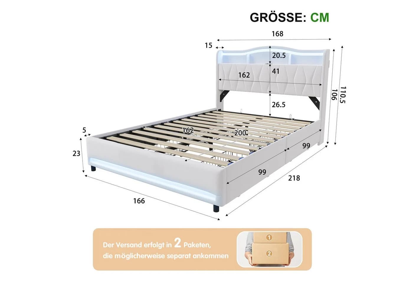Simurq Polsterbett 160x200cm LED USB Stauraum Samt Grau Beige - Bild 4