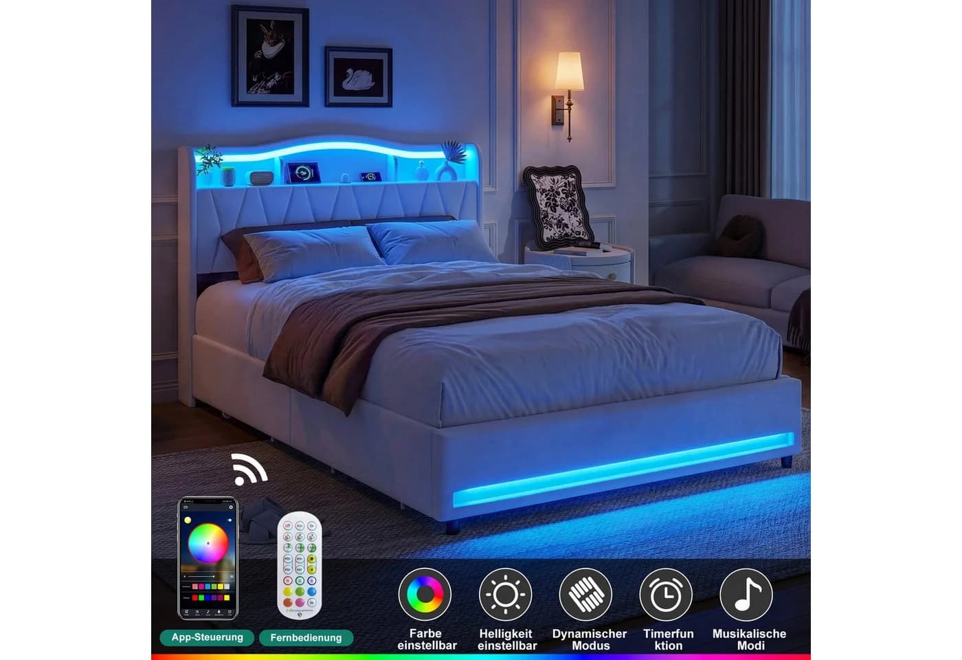Simurq Polsterbett 160x200cm LED USB Stauraum Samt Grau Beige - Bild 5