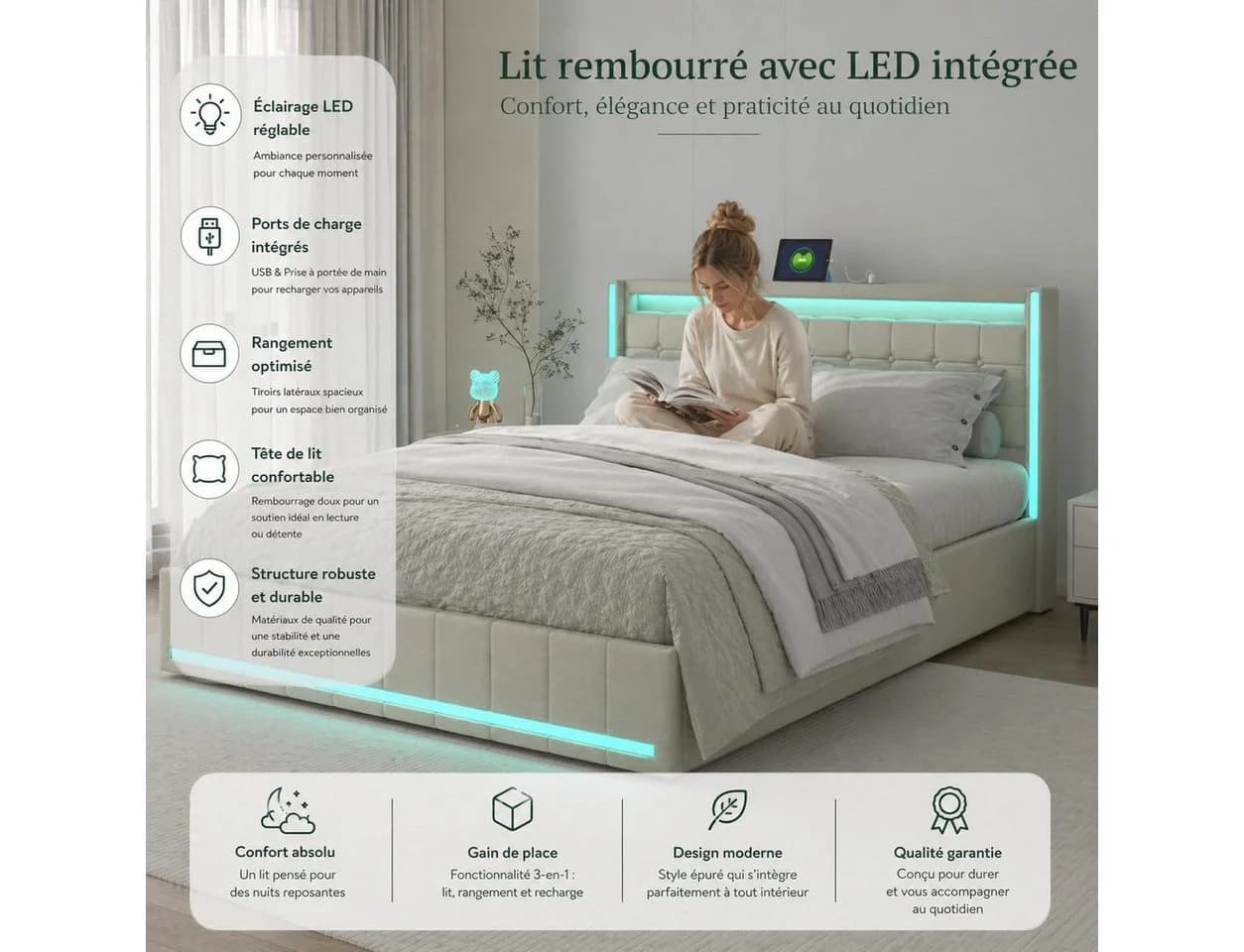 Simurq Polsterbett Beige LED-Kopfteil 4 Schubladen USB - Bild 3