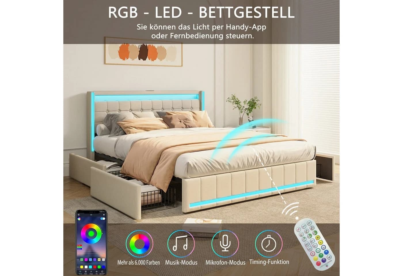 Simurq Polsterbett Beige LED-Kopfteil 4 Schubladen USB - Bild 5