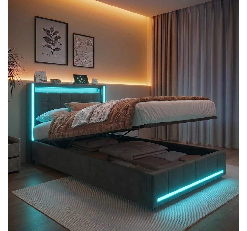 PXloue Polsterbett mit LED & Bettkasten Grau Leinen - Bild 2