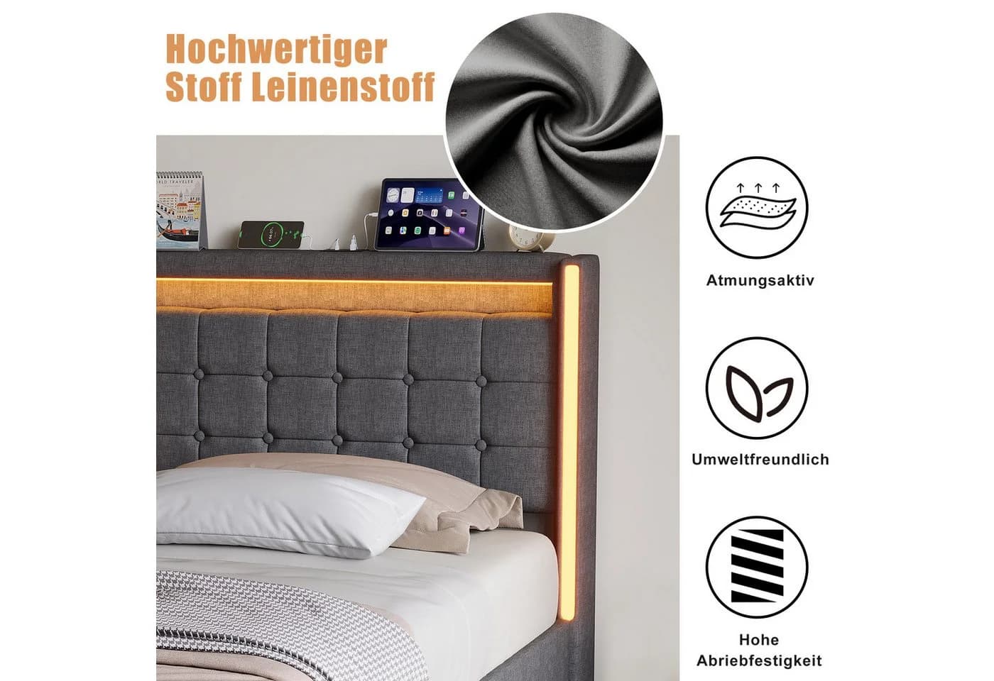 PXloue Polsterbett mit LED & Bettkasten Grau Leinen - Bild 3
