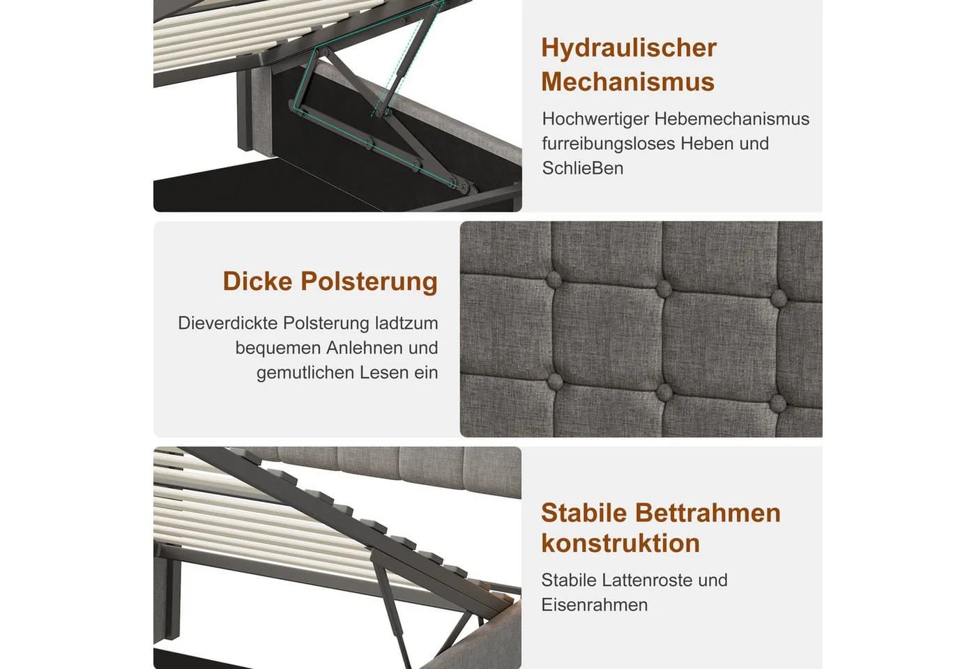 PXloue Polsterbett mit LED & Bettkasten Grau Leinen - Bild 5