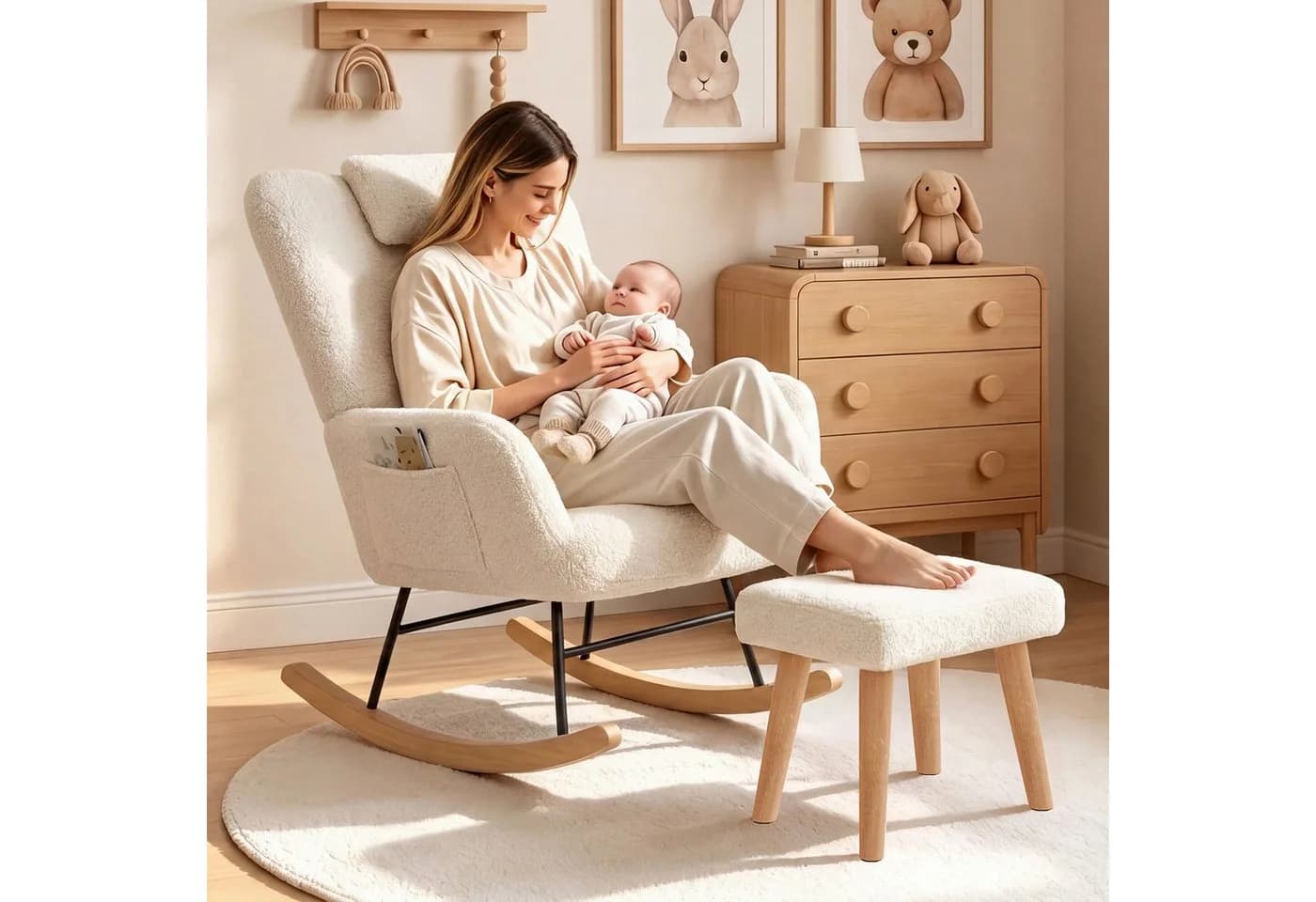 Simurq Schaukelstuhl mit Hocker Beige Teddy-Stoff gepolstert