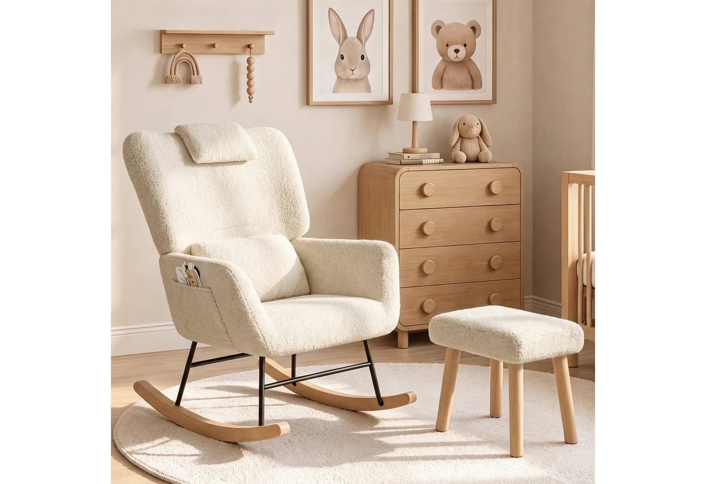 Simurq Schaukelstuhl mit Hocker Beige Teddy-Stoff gepolstert - Bild 2