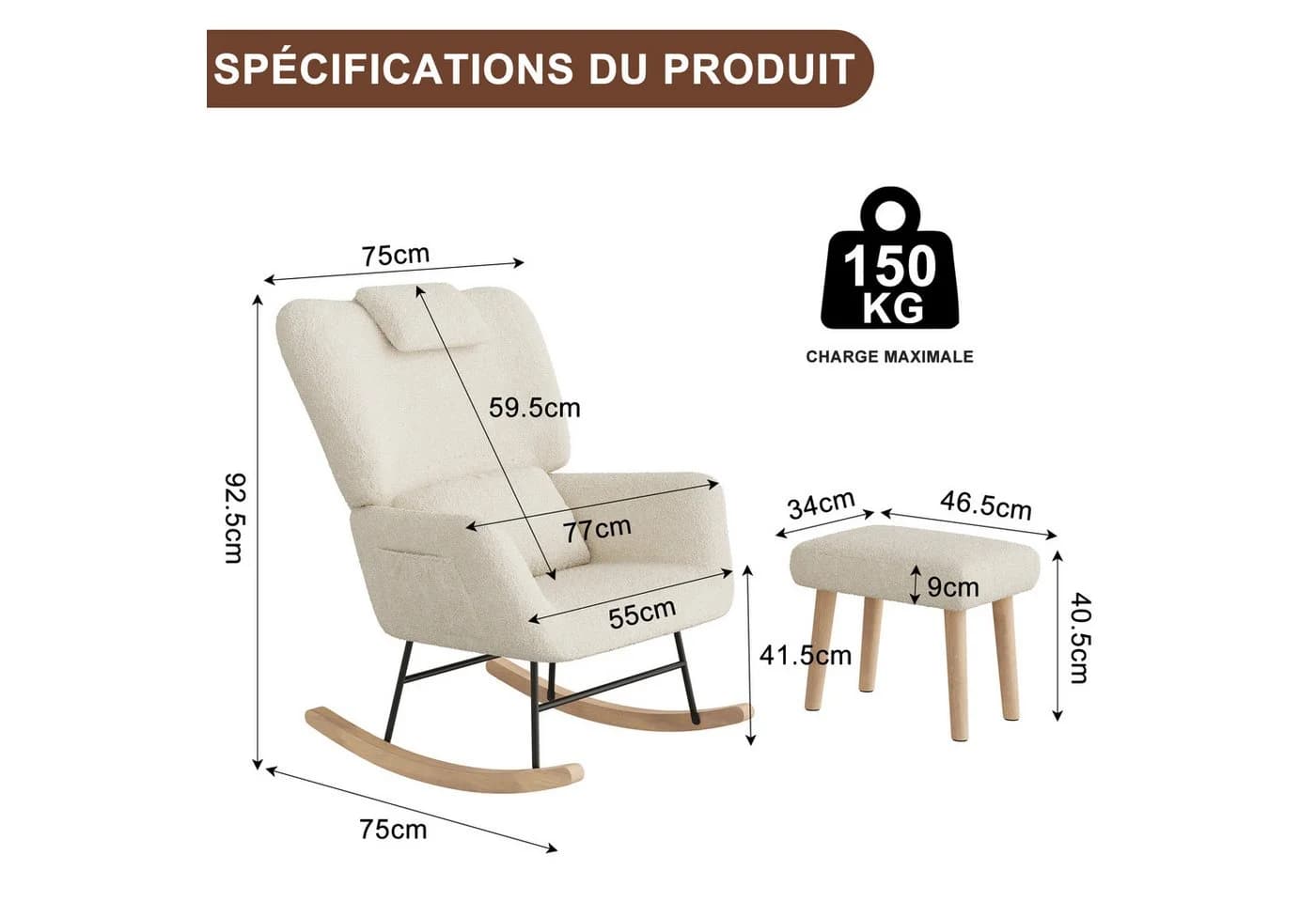 Simurq Schaukelstuhl mit Hocker Beige Teddy-Stoff gepolstert - Bild 4