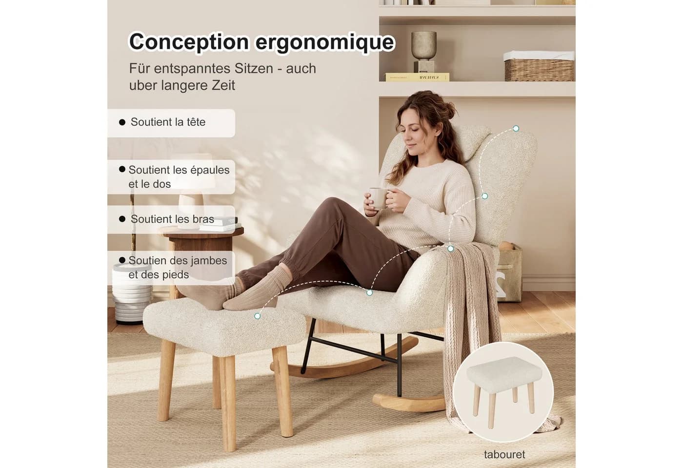Simurq Schaukelstuhl mit Hocker Beige Teddy-Stoff gepolstert - Bild 5