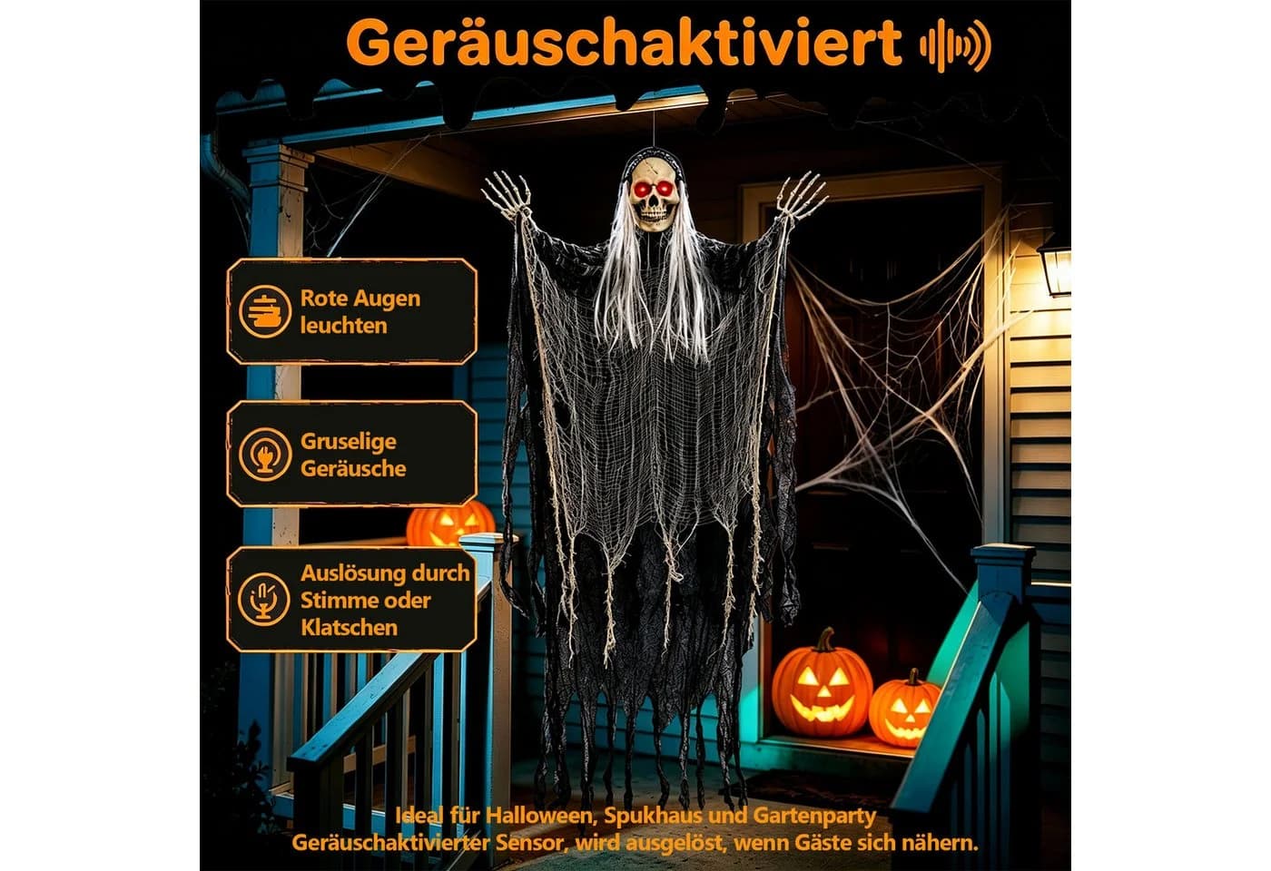 OZAVO Hängender Skelett-Geist Deko mit Geräuschsensor & leuchtenden Augen - Bild 5
