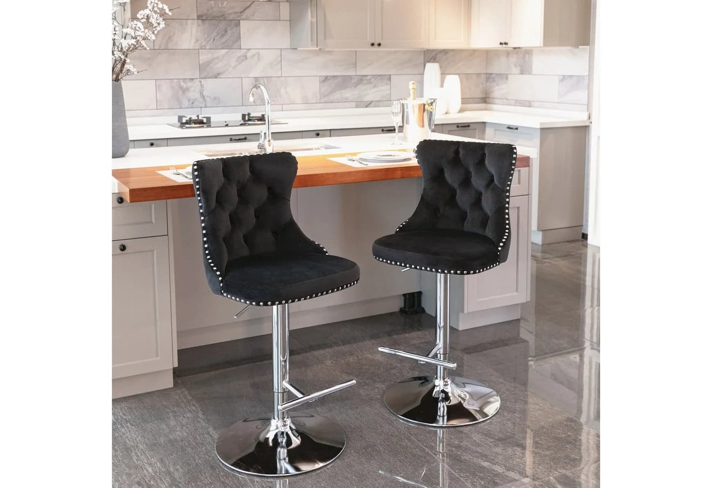IDEASY Samt-Barhocker 2er Set höhenverstellbar 360° drehbar Chrom Schwarz/Silber - Bild 2