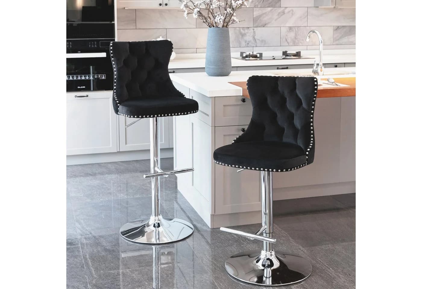 IDEASY Samt-Barhocker 2er Set höhenverstellbar 360° drehbar Chrom Schwarz/Silber - Bild 4