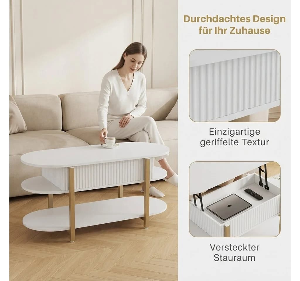 PXloue Höhenverstellbarer Couchtisch mit Stauraum und Lift-Top
