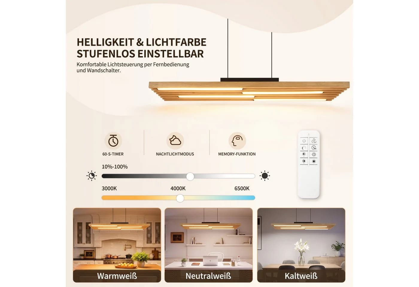 ZMH LED Pendelleuchte Modernes Holz 33W Dimmbar Fernbedienung - Bild 5