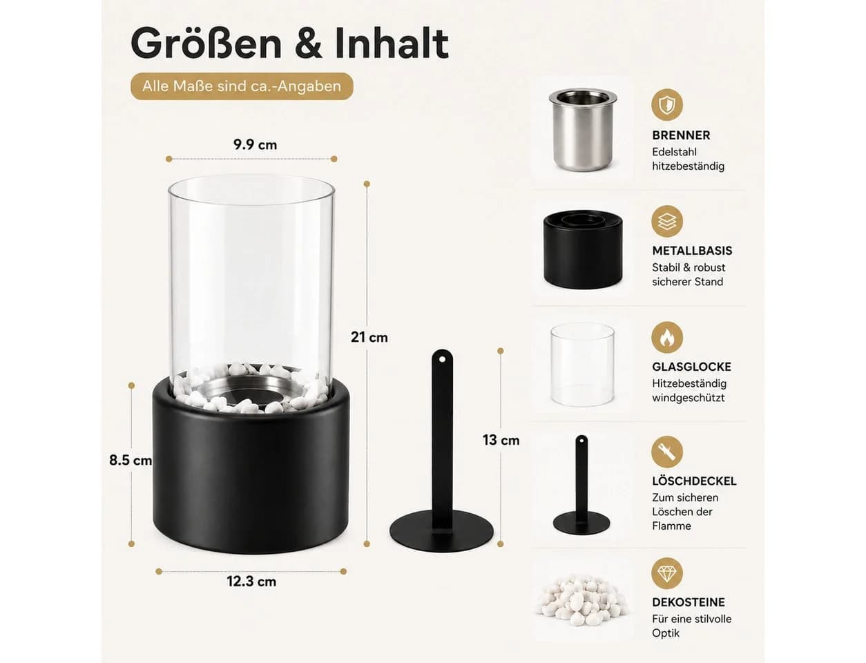 ZMH Tischfeuer Schwarz mit Glaszylinder und Windschutz - Bild 4