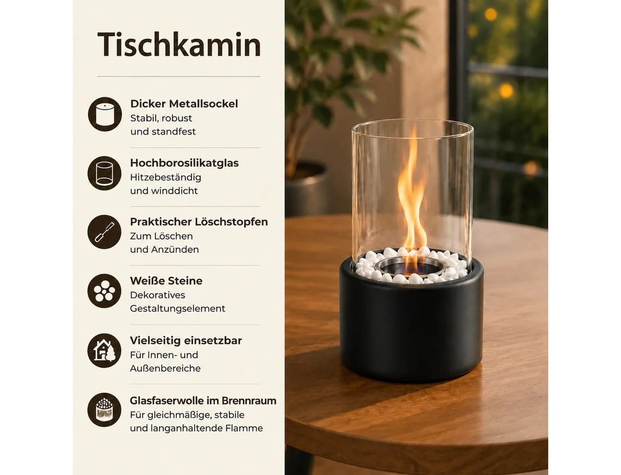 ZMH Tischfeuer Schwarz mit Glaszylinder und Windschutz - Bild 5