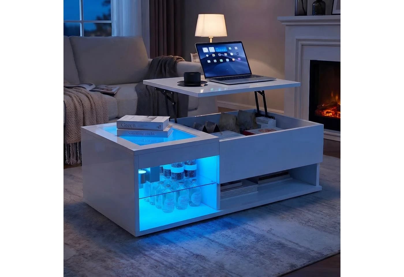 PXloue LED-Couchtisch Höhenverstellbar mit Stauraum Hochglanz Weiß - Bild 2