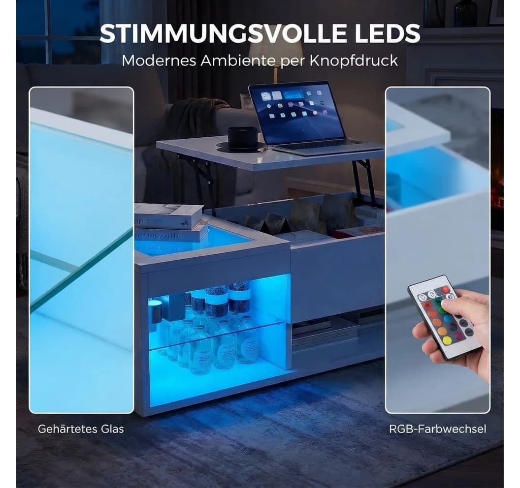 PXloue LED-Couchtisch Höhenverstellbar mit Stauraum Hochglanz Weiß - Bild 3