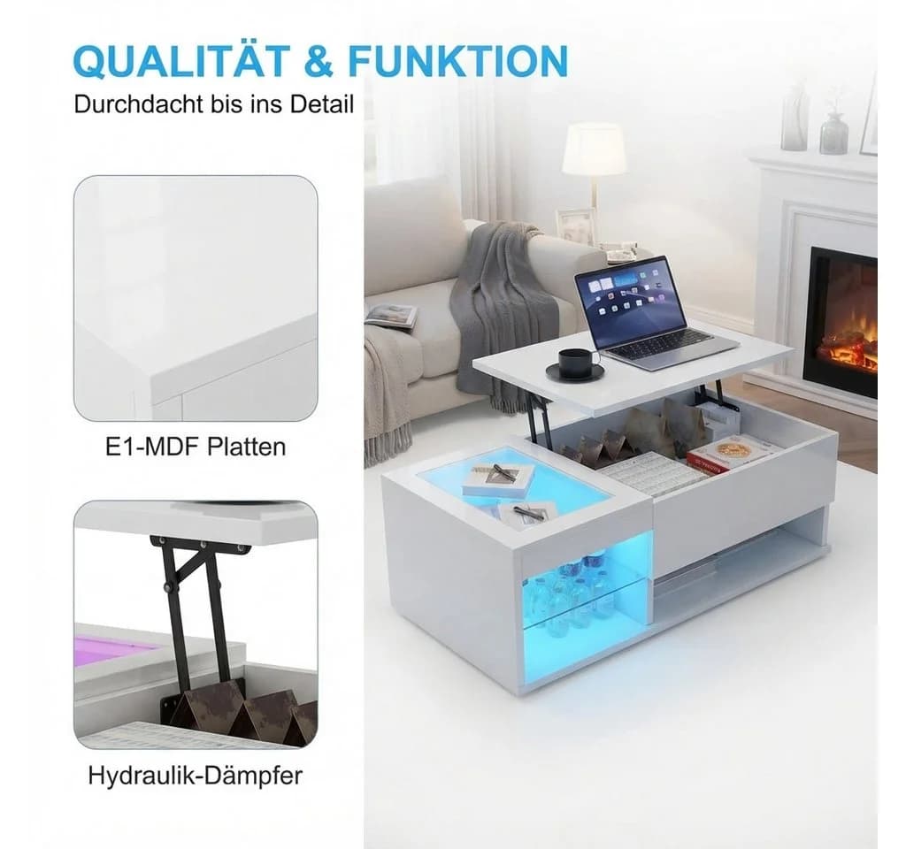 PXloue LED-Couchtisch Höhenverstellbar mit Stauraum Hochglanz Weiß - Bild 5