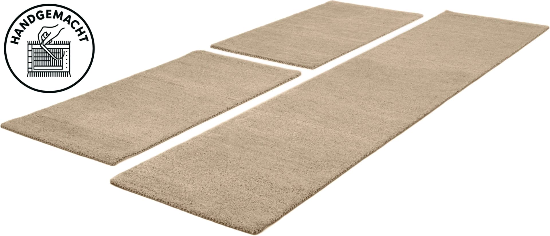 THEKO Bettumrandung Gabbeh Uni 3-tlg. Handweb Teppich Reine Wolle Beige