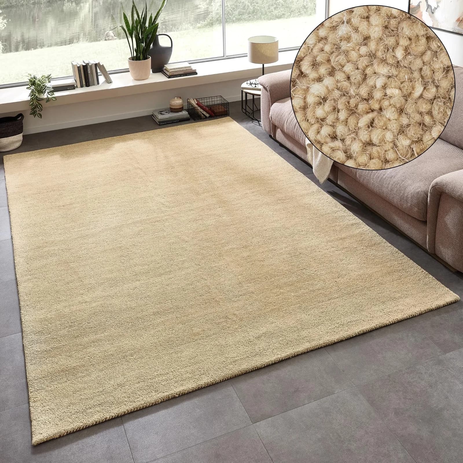 THEKO Gabbeh Uni Wollteppich Handgefertigt Beige Meliert