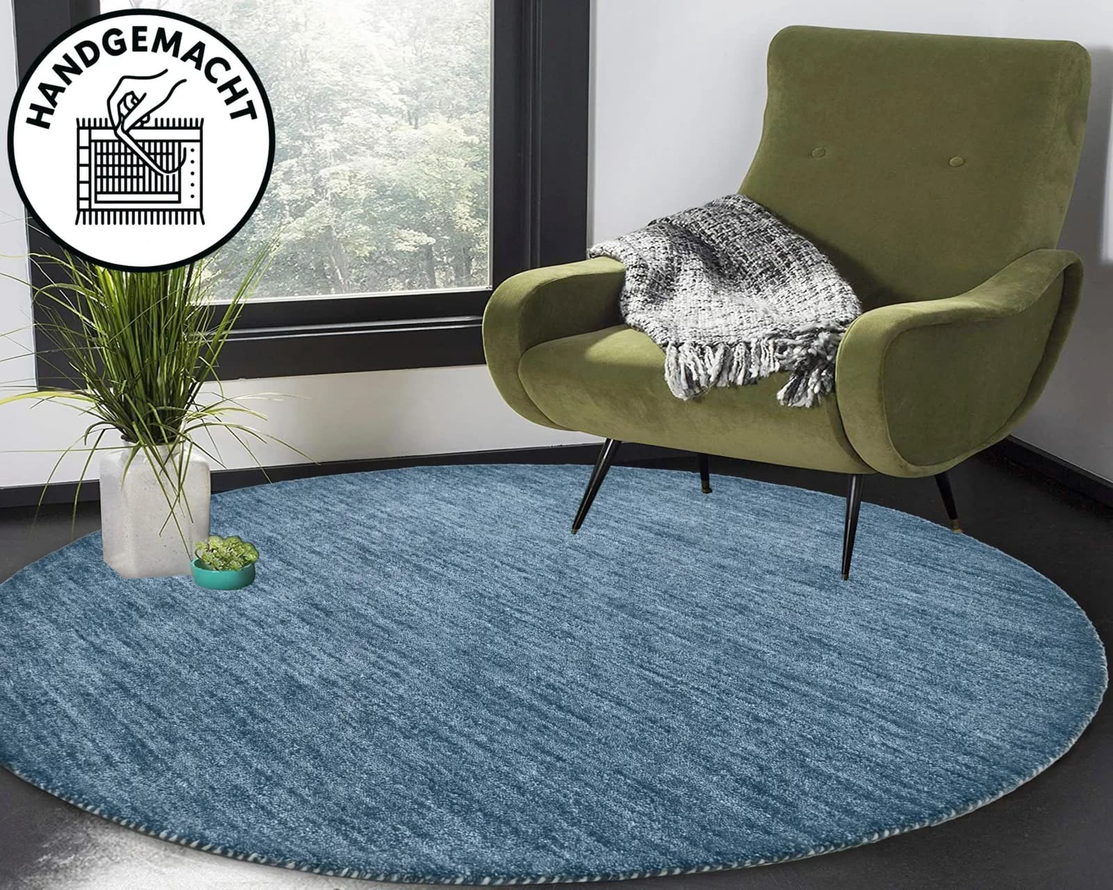 Handgefertigter Gabbeh Teppich in Grau und Blau, Ø 140 cm