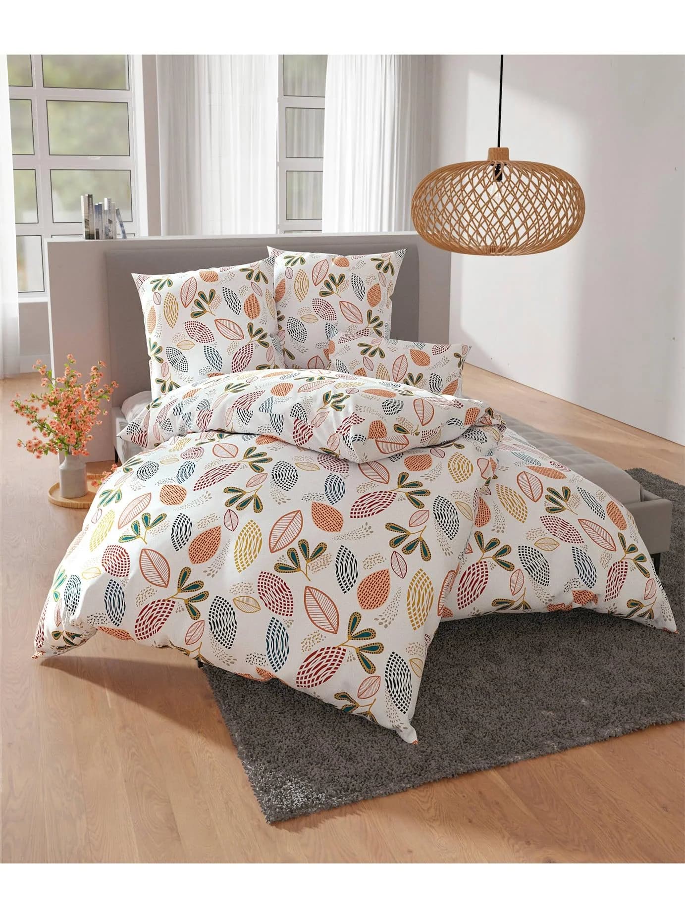 WÄSCHEPUR Bettwäsche 2-tlg. 100% Baumwolle Feinbiber Blätter-Design ecru-papaya