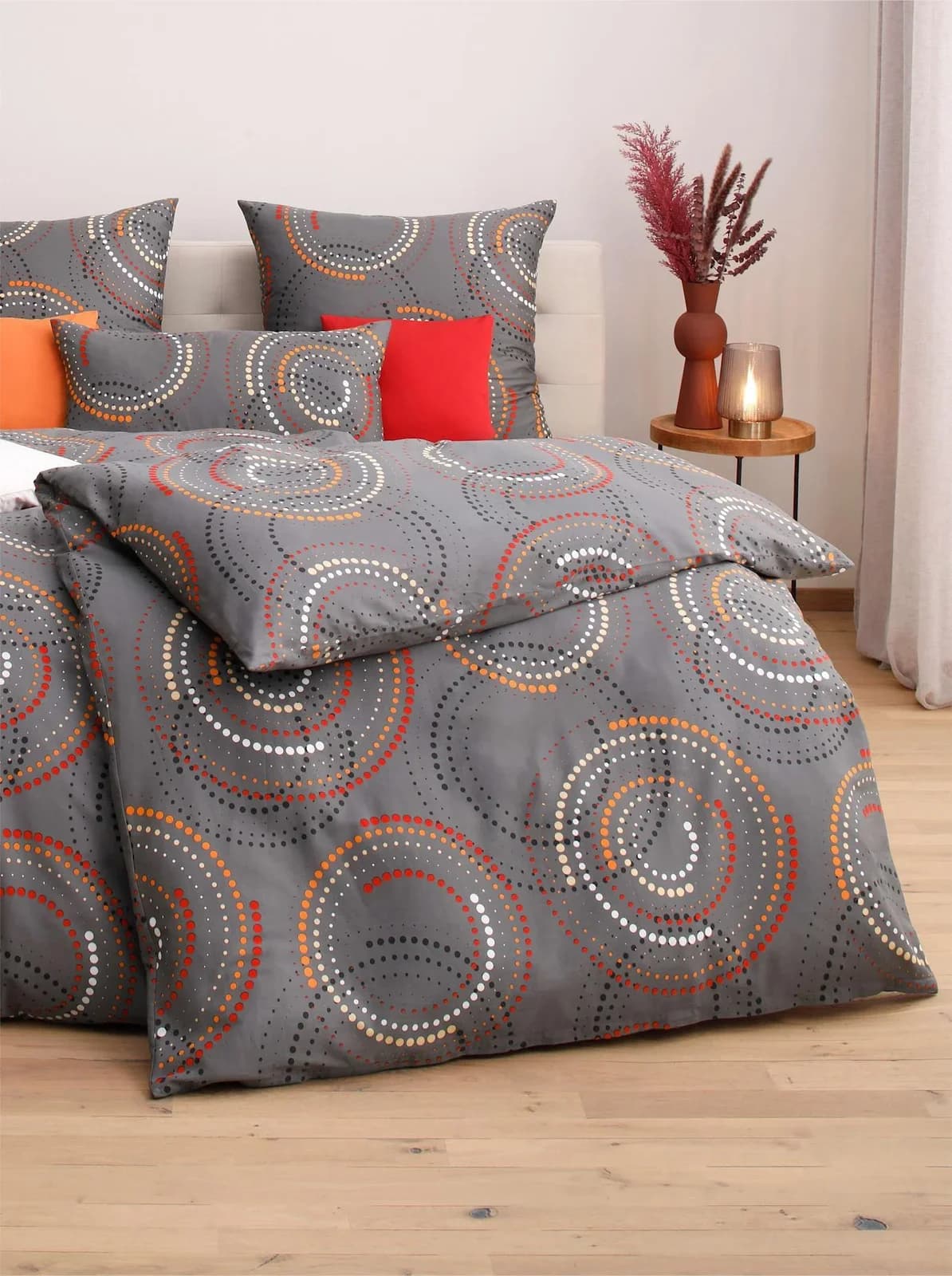 WÄSCHEPUR Bettwäsche Set Grau/Rot Kreise-Design 100% Baumwolle