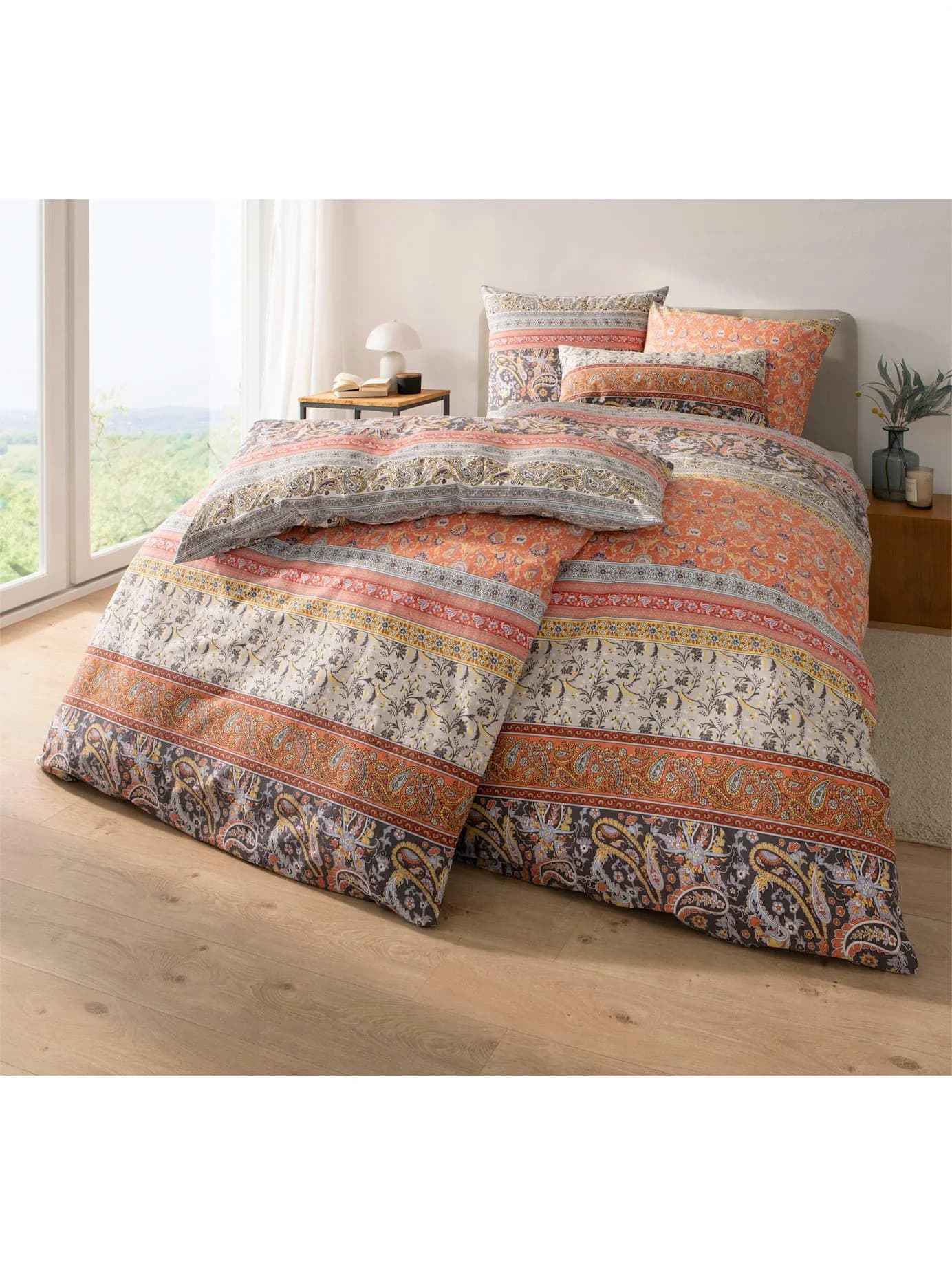 WÄSCHEPUR Bettwäsche Set Paisley Terra Grau Orange Feinbiber