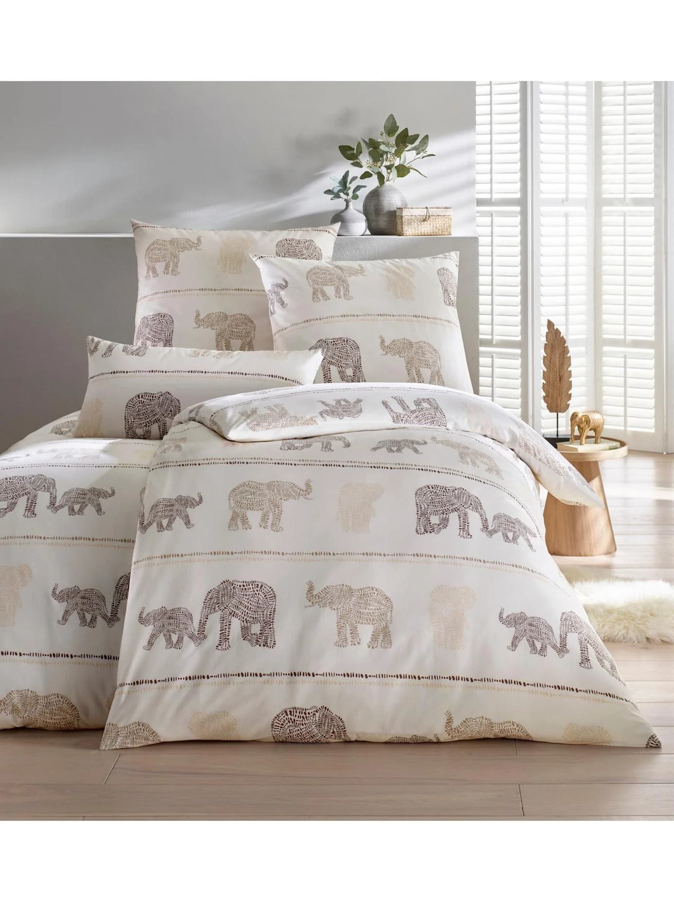 HEINE HOME Bettwäsche Set 135x200 cm Elefanten-Druck Beige Weiß
