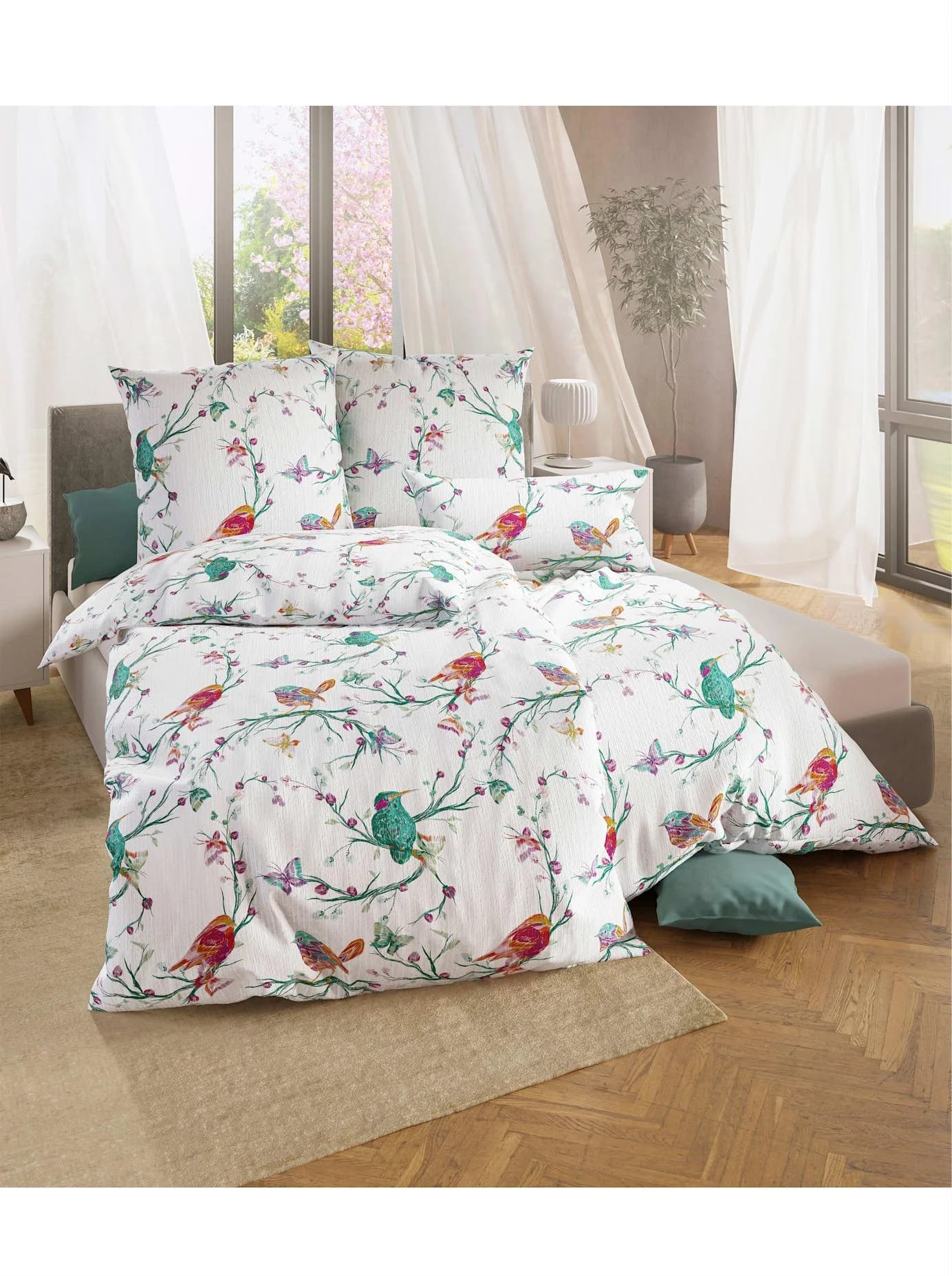 WÄSCHEPUR Bettwäsche 2-tlg. Weiß-Grün Bedruckt Mako-Satin
