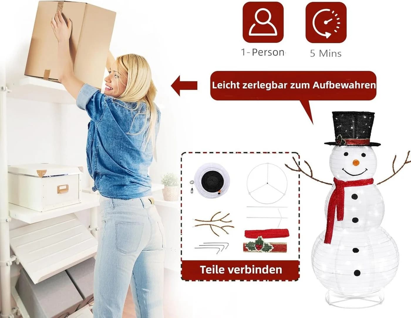 LALAHO LED-Schneemann Weihnachten Deko 120cm mit 90 LEDs - Bild 3