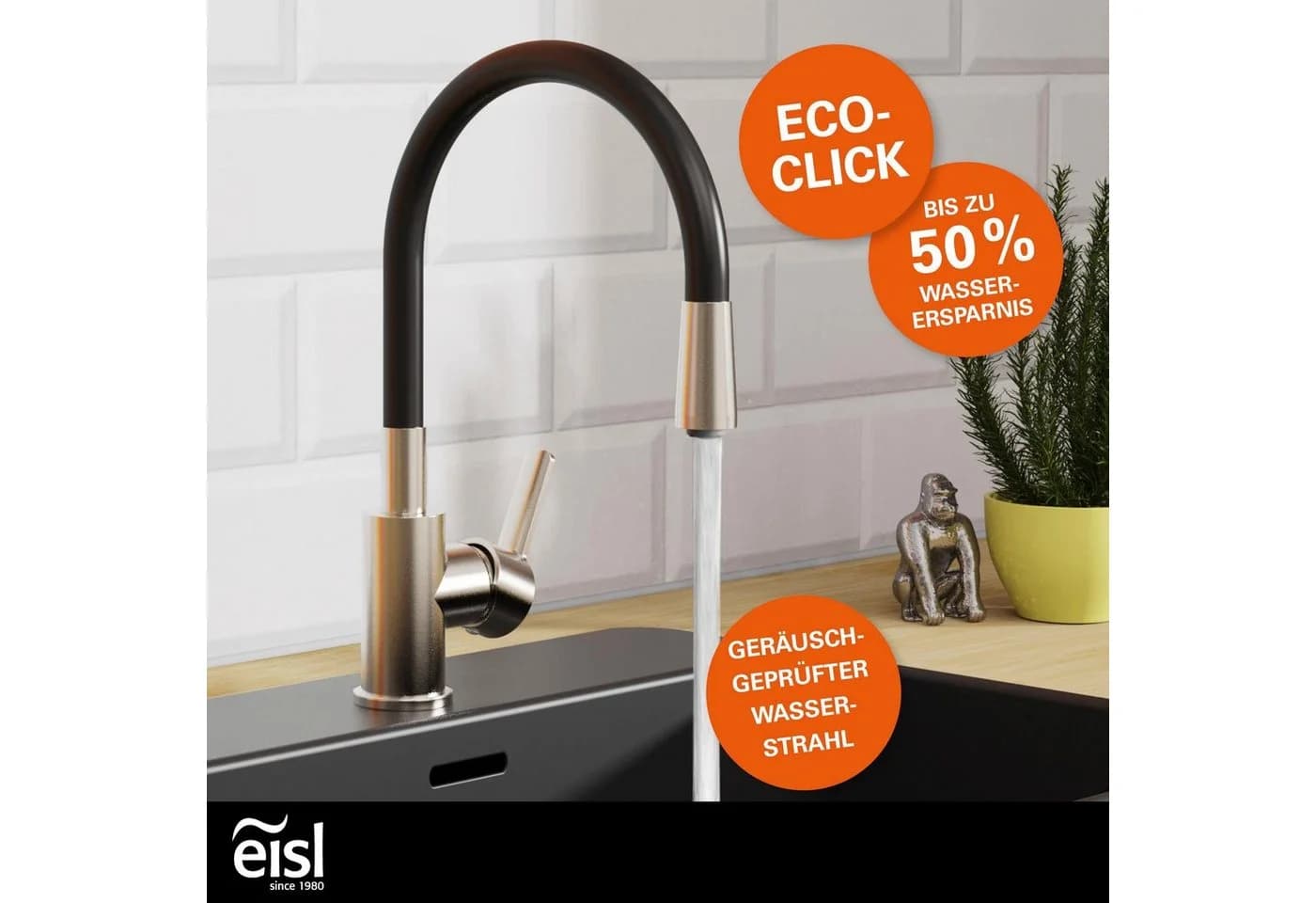 Eisl Spültischarmatur Flexo Schwarz 360° schwenkbar Eco-Click