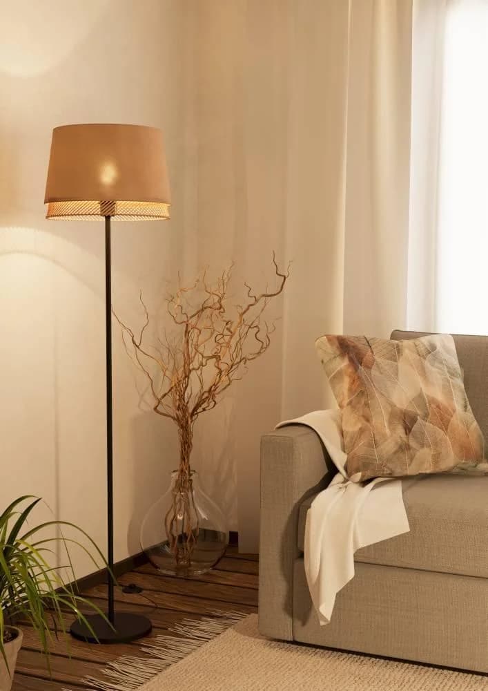 EGLO Stehlampe TABLEY Schwarz Braun Stahl Leinen Bambus