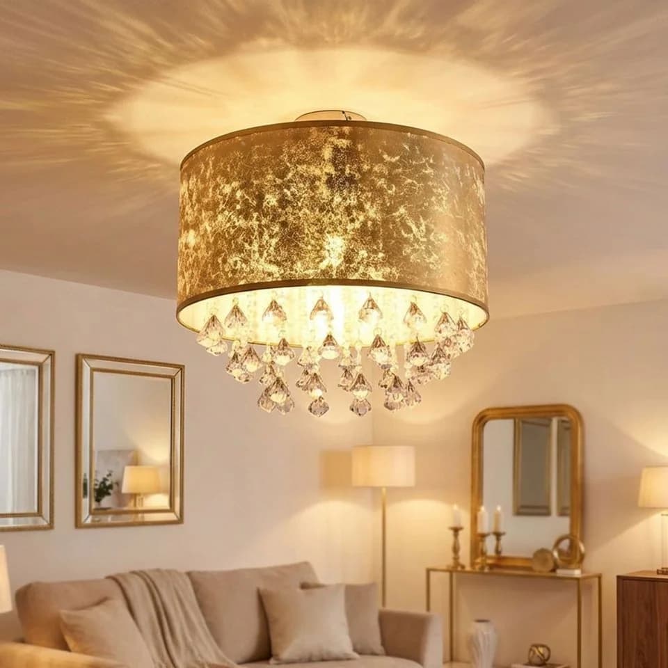 GLOBO LIGHTING Deckenleuchte Blattgold Metall Textil mit Kristallbehang