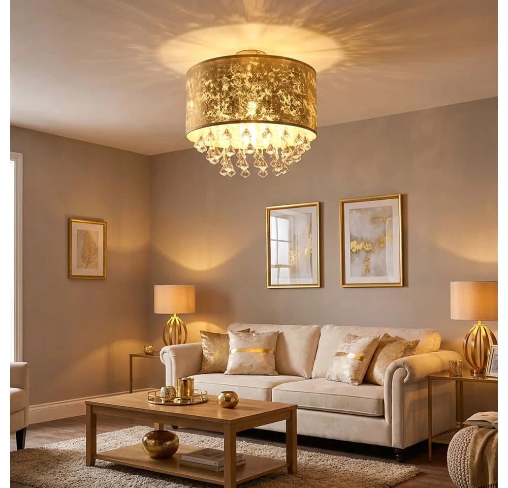 GLOBO LIGHTING Deckenleuchte Blattgold Metall Textil mit Kristallbehang - Bild 3