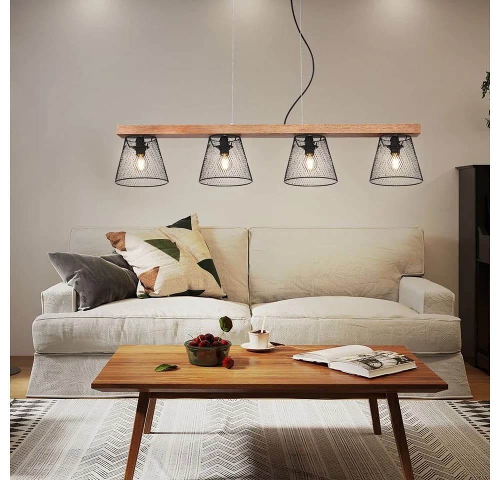 GLOBO LIGHTING Hängeleuchte 4-flammig Holz Metall Vintage Schwarz Braun