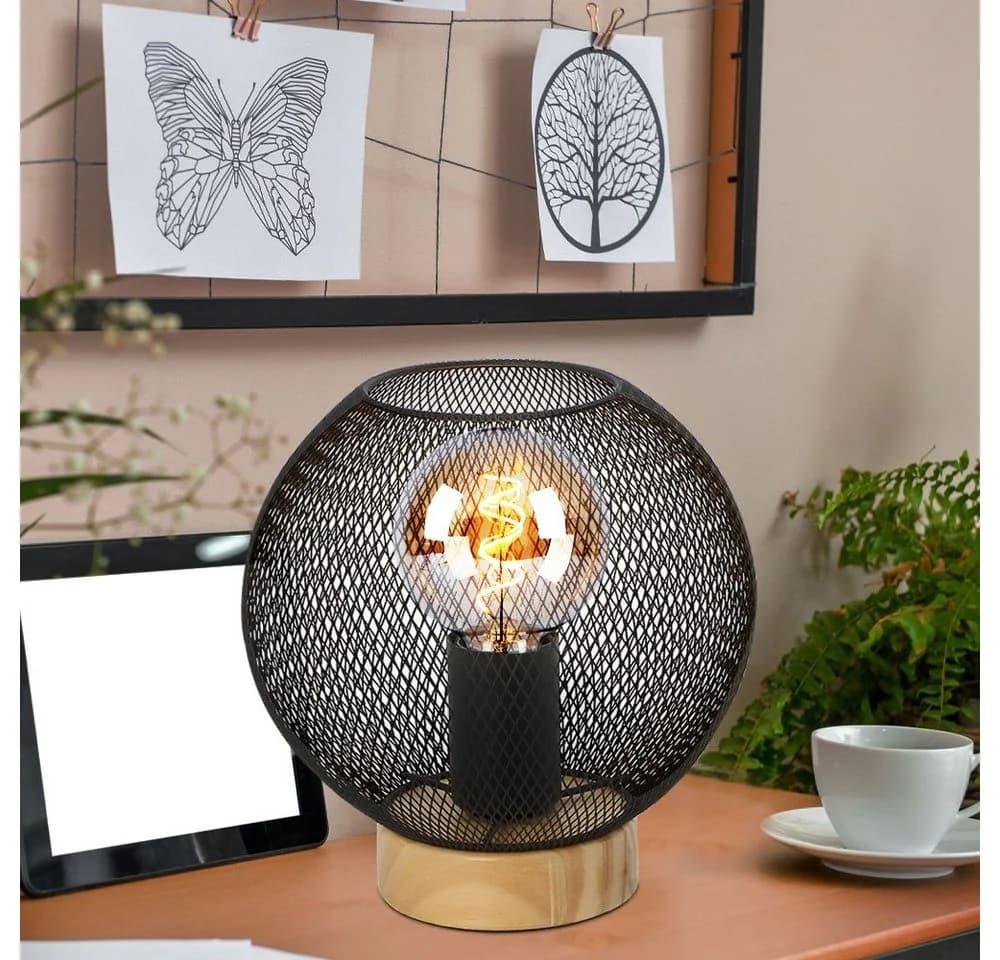 GLOBO LIGHTING Tischleuchte Vintage Industrial Design Holz Metall Schwarz Braun