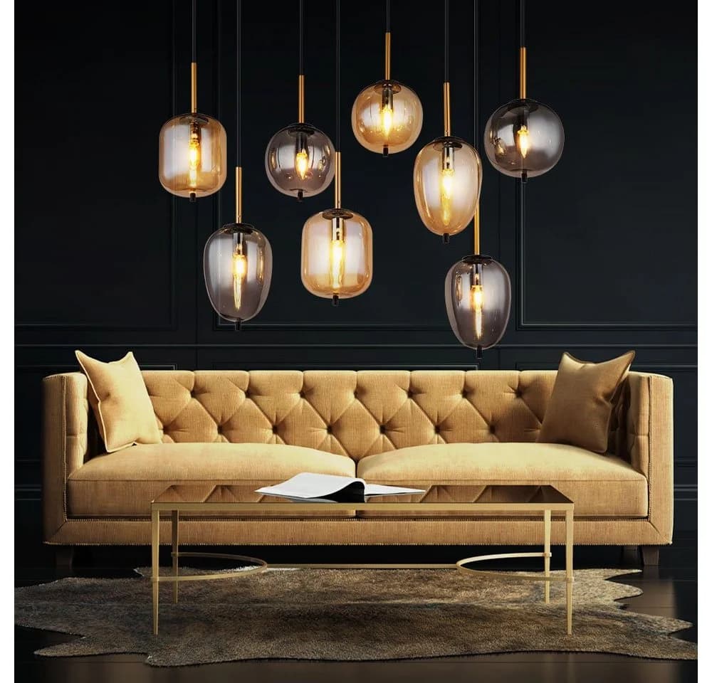 GLOBO LIGHTING Pendelleuchte 8-flammig Messing-matt Amber-Glas - Bild 4