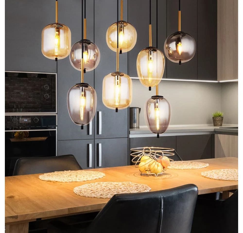 GLOBO LIGHTING Pendelleuchte 8-flammig Messing-matt Amber-Glas - Bild 5