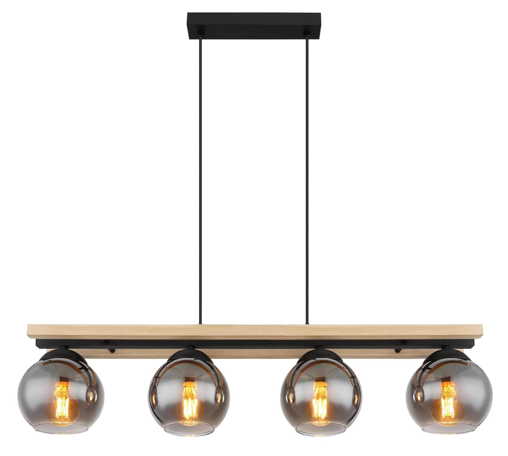 Globo Hängeleuchte Conni, Rauchgrau, Holz, Metall, Glas, 4-flg.