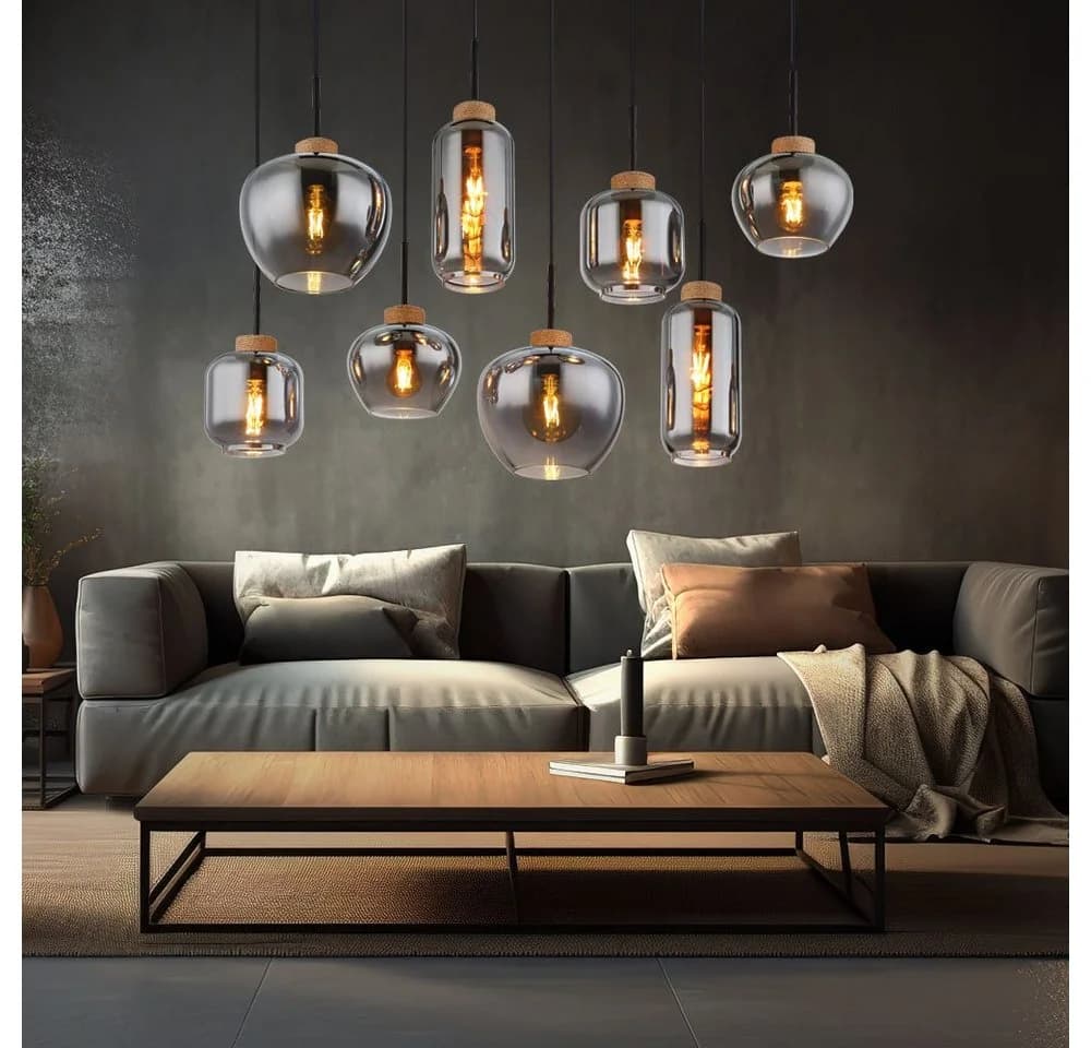 GLOBO LIGHTING Hängeleuchte 8-flammig Rauchglas Metall Holz E27 - Bild 3