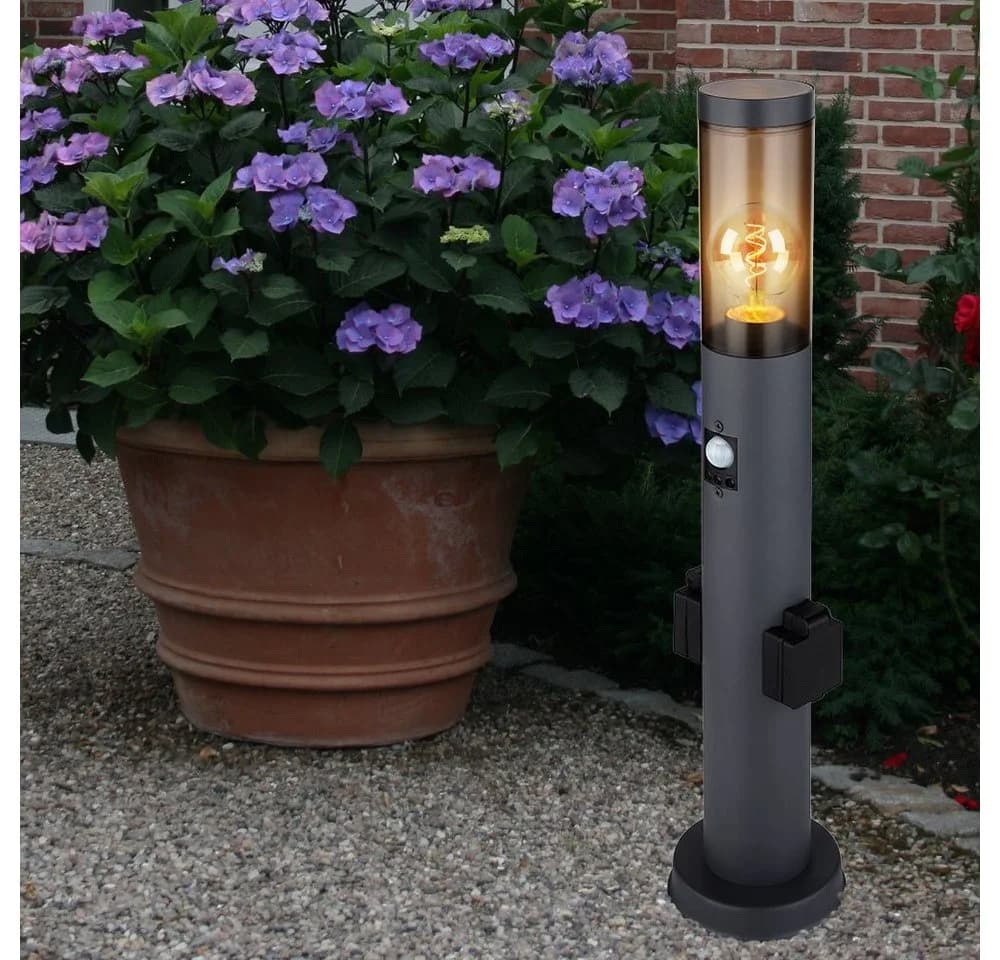GLOBO LIGHTING LED Außen-Stehlampe Anthrazit mit Bewegungsmelder & Steckdose